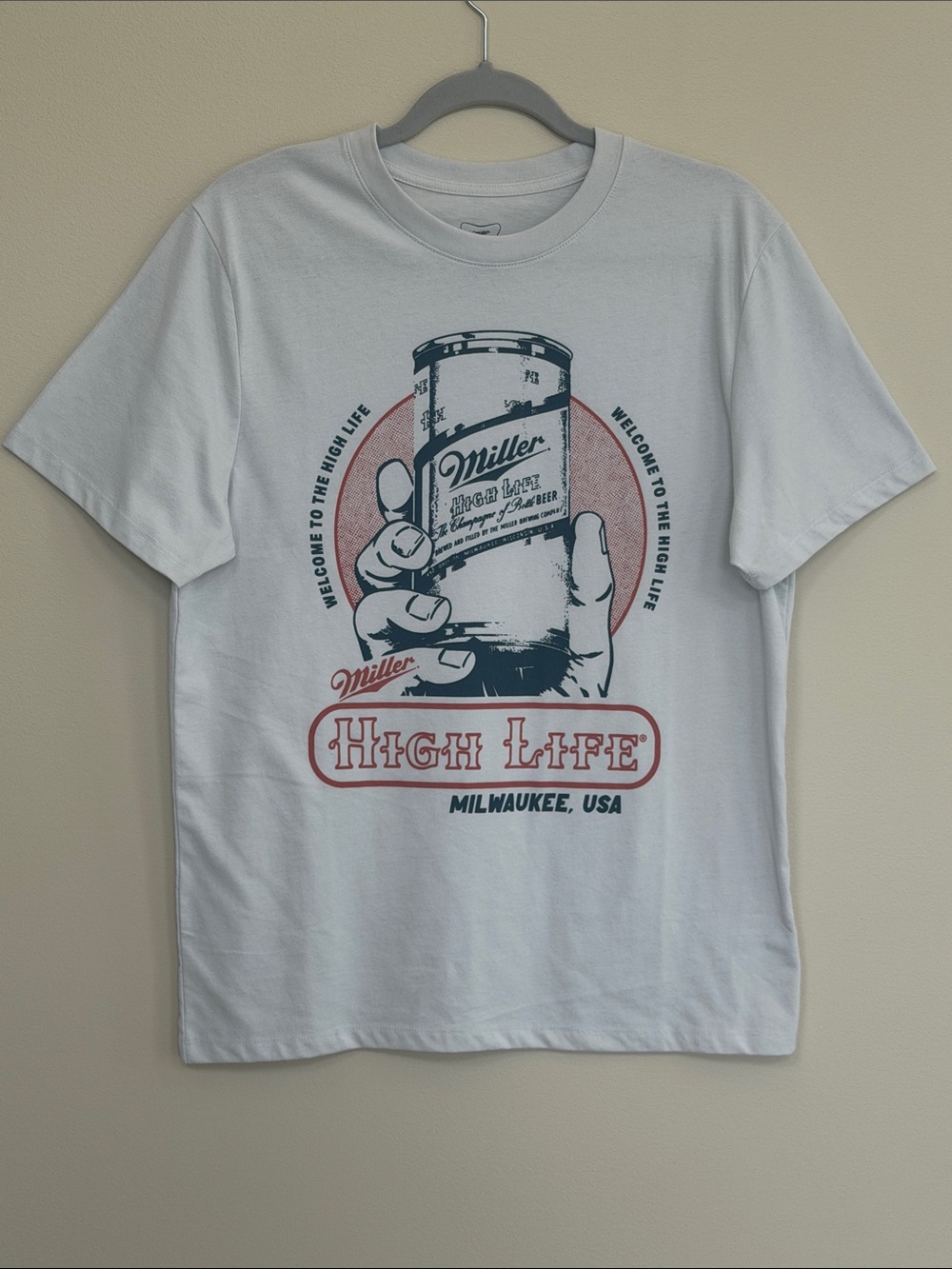 Miller High Life Graphic T-Shirt. Light gray color. Men’s Size M